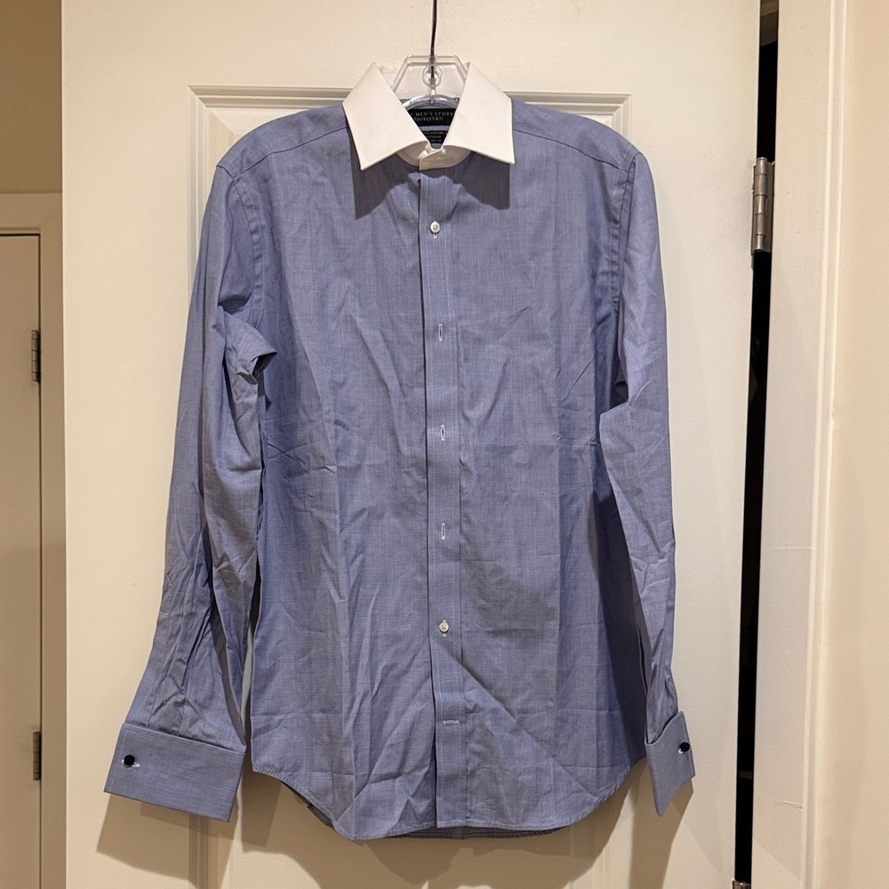 Bloomingdale’s Men's Blue Dress Shirt with White Collar